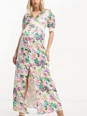 HOPE & IVY Maternity Floral Maxi Dress with Lace Waist - Wadding Guest Romantic